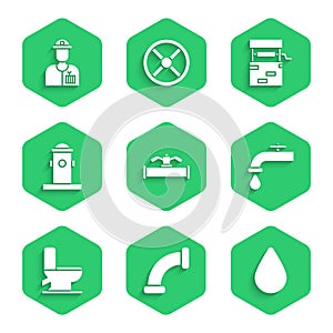 Set Industry pipe and valve, metallic, Water drop, tap, Toilet bowl, Fire hydrant, Well and Plumber icon. Vector