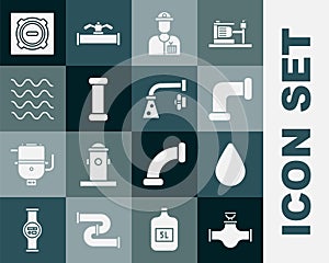 Set Industry pipe and valve, Water drop, metallic, Plumber, Wave, Manhole sewer cover and tap icon. Vector