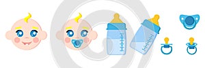 Set of infant child faces icons, baby bottles with milk, pacifiers baby dummies,nipple