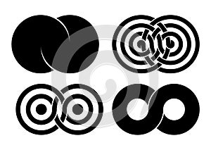 Set of Infinity signs made of combined disks and rings. Vector tattoo flat design illustration