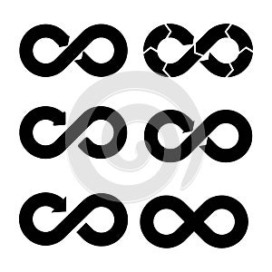 Set infinity symbols, arrow icons, pointers, infinite motion, closed loop design, Euler circle, vector illustration
