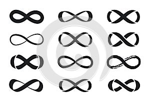 Set of infinity symbols. Black icons. Drawn Infinity symbols. Vector illustration.