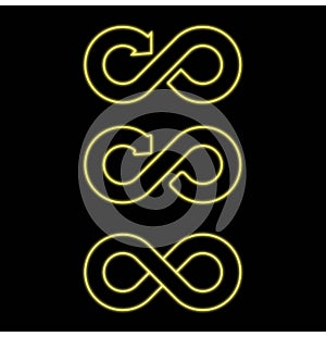 Set infinity symbols, neon arrow icons, pointers, infinite motion, closed loop design, Euler circle, vector illustration