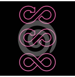 Set infinity symbols, neon arrow icons, pointers, infinite motion, closed loop design, Euler circle, vector illustration