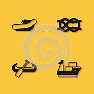 Set Inflatable boat with motor, Cargo ship, Kayak and paddle and Nautical rope knots icon with long shadow. Vector