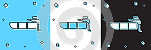 Set Inflatable boat with outboard motor icon isolated on blue and white, black background. Vector