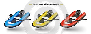 Set of inflatable motor boats of different colors. Vector realistic elements for competition design