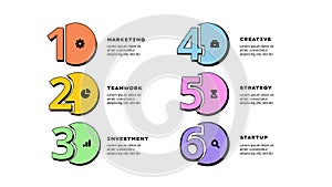 Set of infographic banners with numbers from 1 to 6. Neobrutalism design style