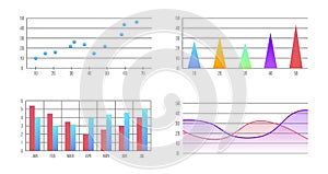 Set of infographic charts, graphs, plots. Bubble, Pyramid, Bar chart. Statistical data visualization. Vector infographics charts t