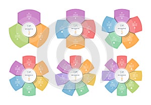 Set of infographic circles, process charts, cycle diagrams with 3, 4, 5, 6, 7, 8 steps, parts.