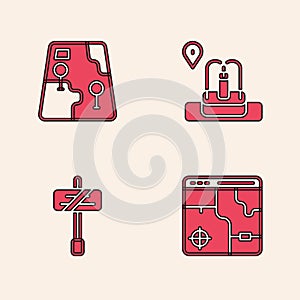 Set Infographic of city map, City navigation, Location with fountain and Road traffic sign icon. Vector