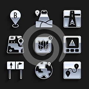 Set Infographic of city map, Location on the globe, Route location, Gps device error, Road traffic sign, City navigation