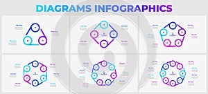 Set of infographic cycle diagrams with 3, 4, 5, 6, 7 and 8 options, steps or processes