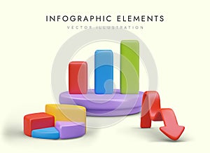 Set of infographic elements. Arrow, pie chart bar graph on podium