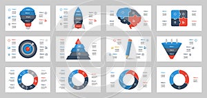 set of infographic elements layout template vector, light bulb, rocket, brain, puzzle, target and arrow, pyramid, pencil, funnel,