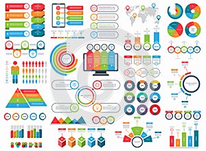 Set of infographic elements. Vector collection of diagrams, arrows, circles, timeline templates, pie charts