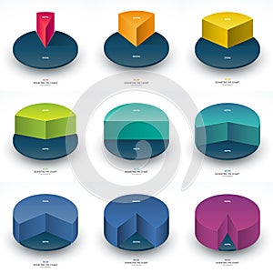 Set of infographic isometric pie chart templates. Share of 10, 20, 30, 40, 50, 60, 70, 80 and 90 percent.