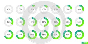 Set of infographic percentage pie chart icons in flat style design for website, app, UI, isolated on white background.