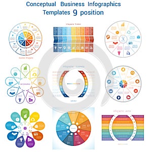 Set Infographics conceptual cyclic processes nine positions