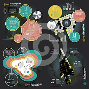 Set infographics with sound waves on a dark background