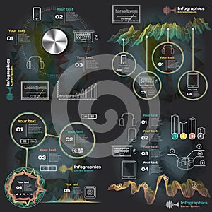 Set infographics with sound waves on a dark background