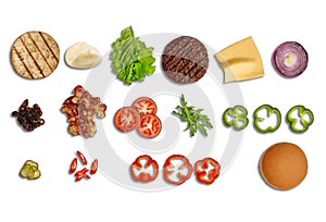 Set of ingredients for delicious burger isolated on white background. Cooking, fast food. Banner design. Close up, copy