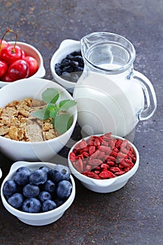 Set of ingredients for a healthy food breakfast - muesli, fresh and dried fruit, nuts, goji