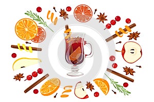 A set of ingredients, spices and fruits for mulled wine.Orange, clove, apple, cinnamon, star anise, cranberry.