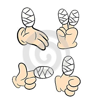 Set of Injured finger, hand wrapped in bandage. Vector illustration on white background.