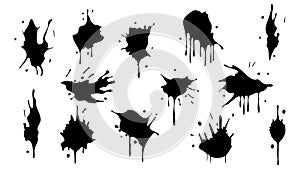 Set of Ink blots. Abstract stains with drops and splashes. Black paint splatter. Vector illustration isolated on a white
