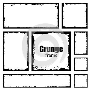 Set of ink grunge frames with damaged edges. Black distress border. Vector hand draw template.