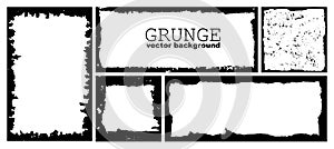Set of ink grunge frames with damaged edges. Black distress border. Vector hand draw template.