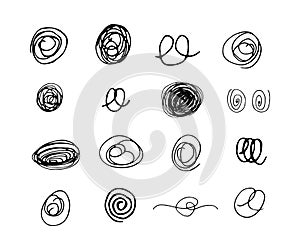 Set of ink hand draw elements square, triangle, circle, heart, spots, spiral, loop, scribble. Vector llustration