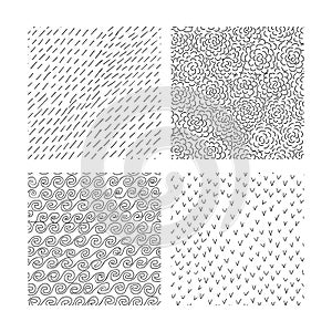 Set of ink hand drawn abstract seamless textures