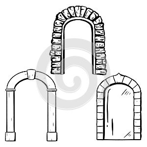 Set. Ink hand-drawn vector. Wooden. Glass door adorned with a stone arch. Entrance to a shop or restaurant. Antique exterior