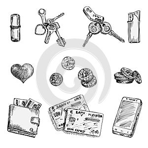 Set of ink sketch finance icons money, coins, wallet, credit cards, heart, keys, lipstick, lighter isolated on white background,