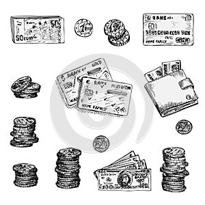 Set of ink sketch finance icons money, coins, wallet, credit cards, scissors isolated on white background, Financial markets