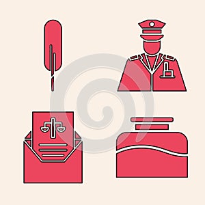 Set Inkwell, Feather pen, Police officer and Subpoena icon. Vector