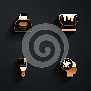 Set Inkwell, Paint bucket, brush and spray icon with long shadow. Vector