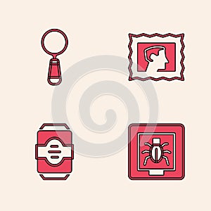 Set Insects in a frame, Magnifying glass, Postal stamp and Energy drink icon. Vector