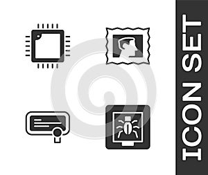Set Insects in a frame, Processor with CPU, Certificate template and Postal stamp icon. Vector
