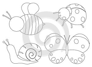 Set of insects graphics black and white vector illustration. Bee Ladybug Snail Butterfly doodle