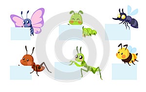 Set of insects holding white sheets. Funny little characters with blank paper. Butterfly, bee and little ant