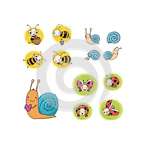 Set with insects. Lovely cartoon bees, snails and ladybugs. Vector illustration.