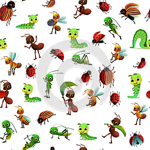 Set of insects persons. Wildlife object. Ant, ladybug and caterpillar. Seamless pattern, bee and grasshopper. Little
