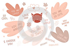 Set of inspirational speech bubbles with compliments, quotes about love for yourself. Cute cat with flowers.