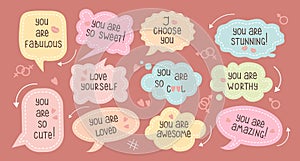 Set of inspirational speech bubbles with compliments, quotes about love for yourself and others. Cartoon icons, stickers