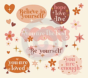 Set of inspirational speech bubbles for self love.