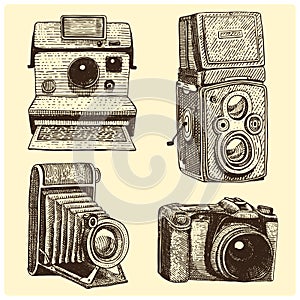 Set of instant, vintage and modern Photo camera , engraved hand drawn in sketch or wood cut style, old looking retro