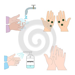 Set-instructions for washing hands.Clean your palms , hands with the virus, with foam, with antiseptic.Flat illustration.Vector